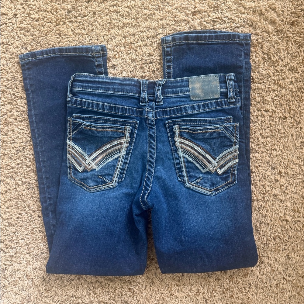 Buckle Dark Blue Denim Jeans with Contrast Embroidered Pockets